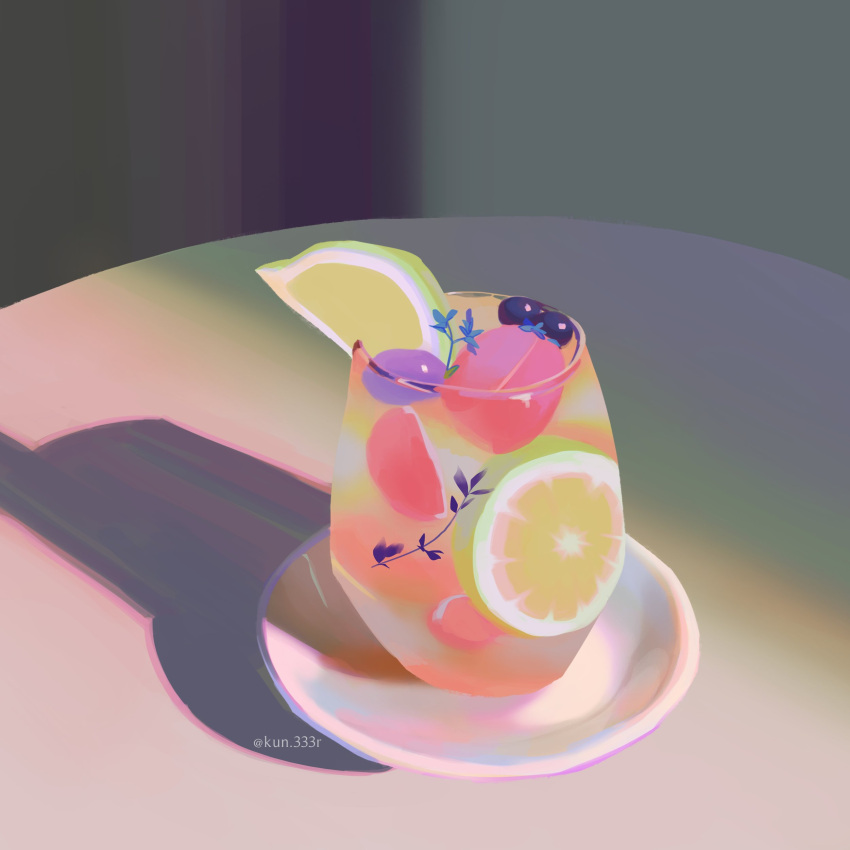 absurdres, artist_name, berries, blue_flower, blueberry, commentary, cup, drink, drinking_glass, english_commentary, flower, food, fruit, highres, indoors, kun333r, lemon, lemon_slice, no_humans, original, plate, still_life, table, twitter_username, watermark