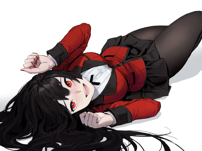 1girl, :d, bangs, black_hair, black_legwear, black_skirt, blunt_bangs, blush, breasts, commentary, dongho_kang, highres, hime_cut, hyakkaou_academy_uniform, jabami_yumeko, jacket, kakegurui, large_breasts, long_hair, long_sleeves, looking_at_viewer, lying, miniskirt, nail_polish, neck_ribbon, on_back, open_mouth, pantyhose, paw_pose, pleated_skirt, red_eyes, red_jacket, red_nails, ribbon, school_uniform, shirt, simple_background, skirt, smile, solo, upside-down, very_long_hair, white_background, white_shirt