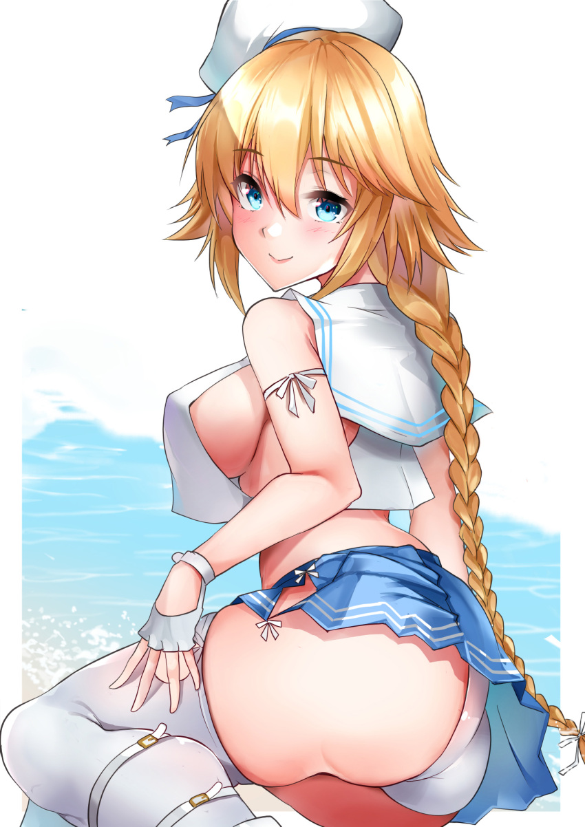 1girl, ass, bangs, bare_shoulders, beret, blonde_hair, blue_eyes, blue_skirt