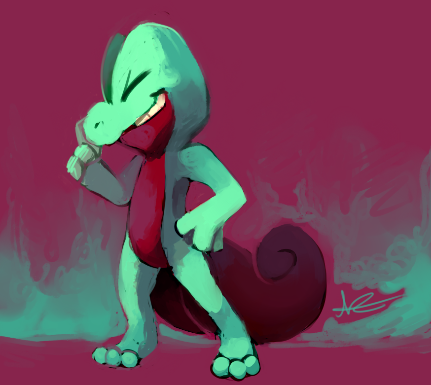 alternate_color, closed_eyes, commentary, creature, english_commentary, full_body, hand_on_hip, musicalcombusken, no_humans, pokemon, pokemon_(creature), purple_background, shiny_pokemon, signature, simple_background, solo, standing