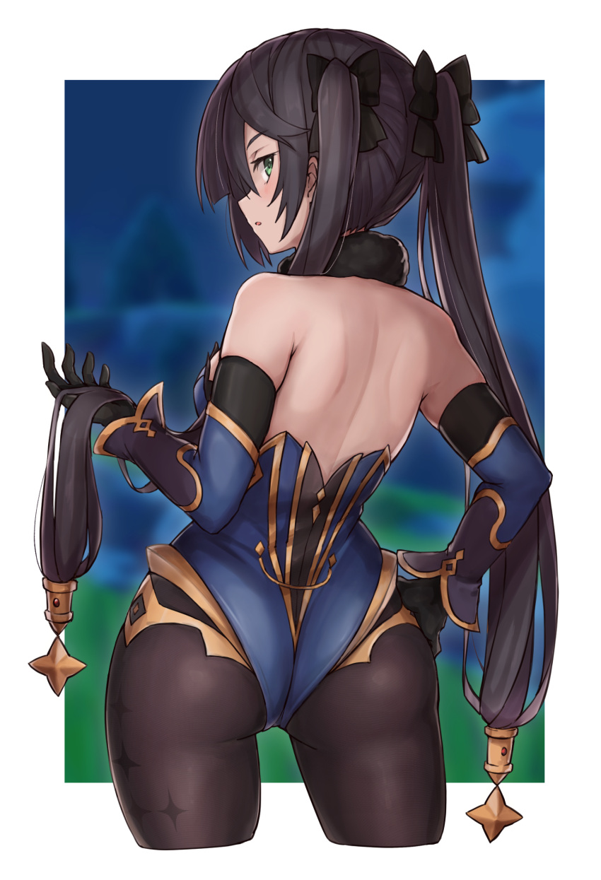 1girl, ass, back, bare_shoulders, black_gloves, black_hair, black_legwear, blue_leotard