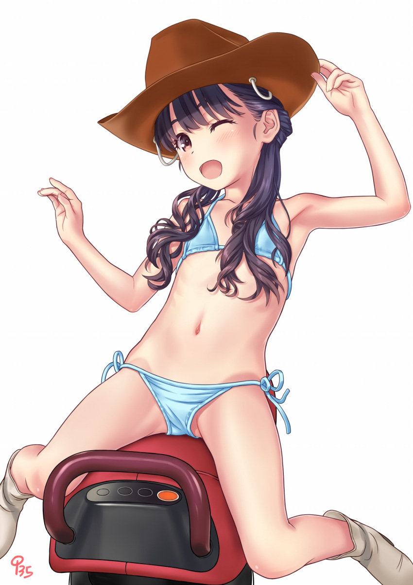 1girl, aoi_kumiko, bikini, black_hair, blue_bikini, brown_headwear, cowboy_hat, hair_over_shoulder