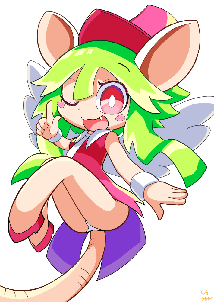 blush_stickers, fang, furry, green_hair, hat, mad_rat_dead, mouse_tail, nanachii_(nanatidayo), one_eye_closed, open_mouth, rat, rat_god_(mad_rat_dead), red_eyes, tail, top_hat