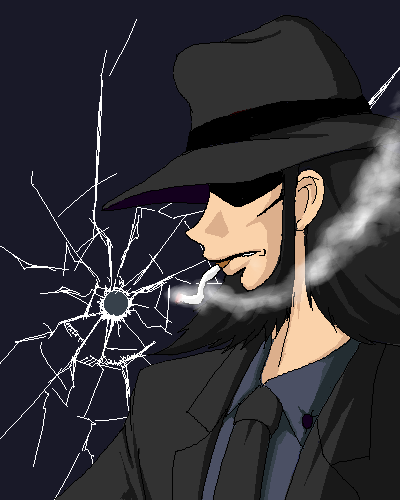beard, bullet_hole, cigarette, facial_hair, fedora, hat, jigen, jigen_daisuke, lowres, lupin, lupin_iii, male, oekaki, smoking, solo