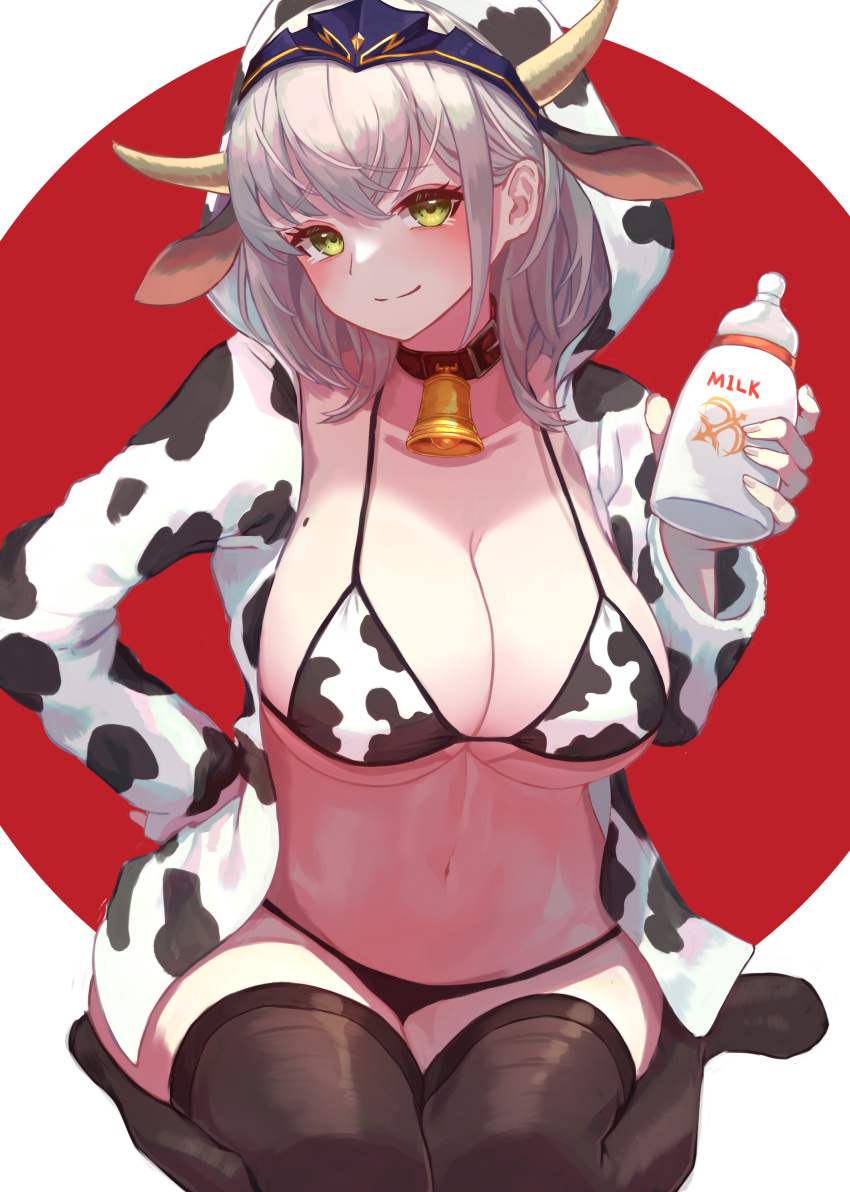 1girl, absurdres, animal_ears, animal_print, bell, bell_collar, bikini, black_legwear