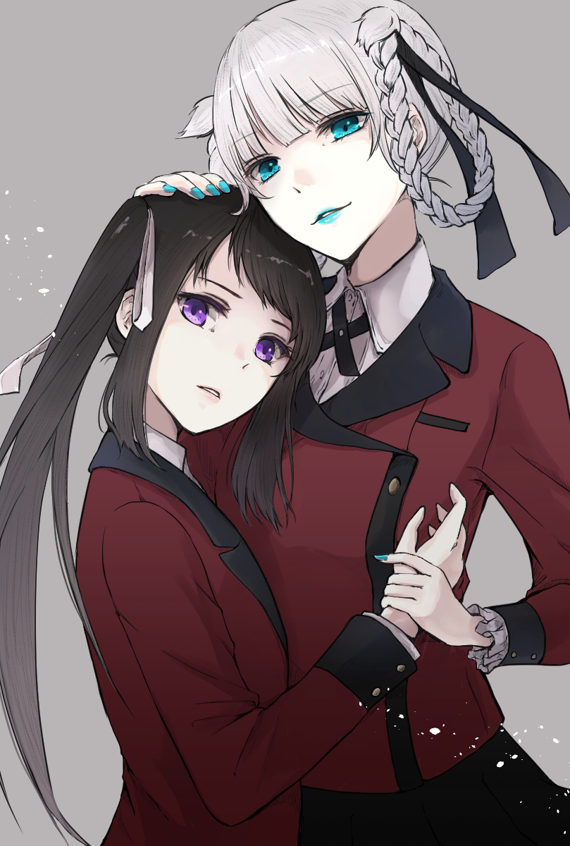 2girls, aqua_eyes, aqua_lipstick, aqua_nails, bangs, black_hair, blue_eyes, blunt_bangs