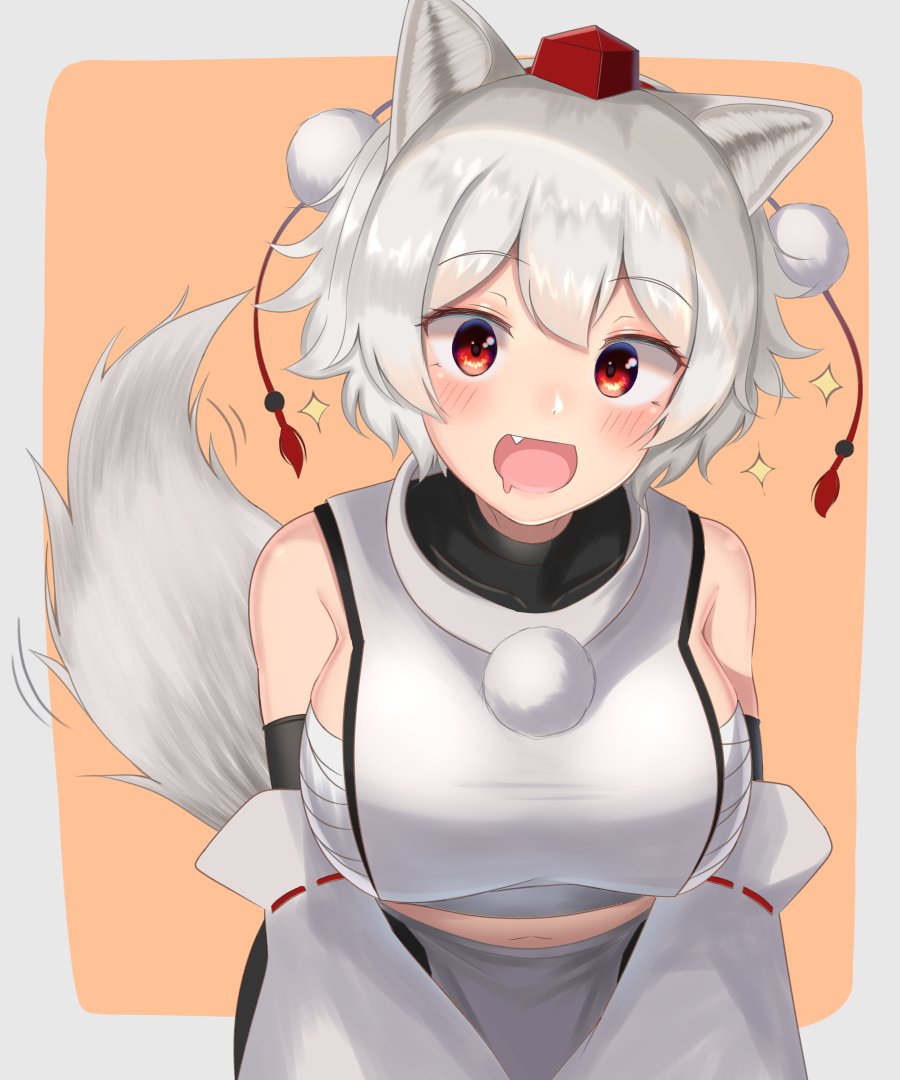 1girl, :d, animal_ears, bangs, blush, border, breasts, collarbone