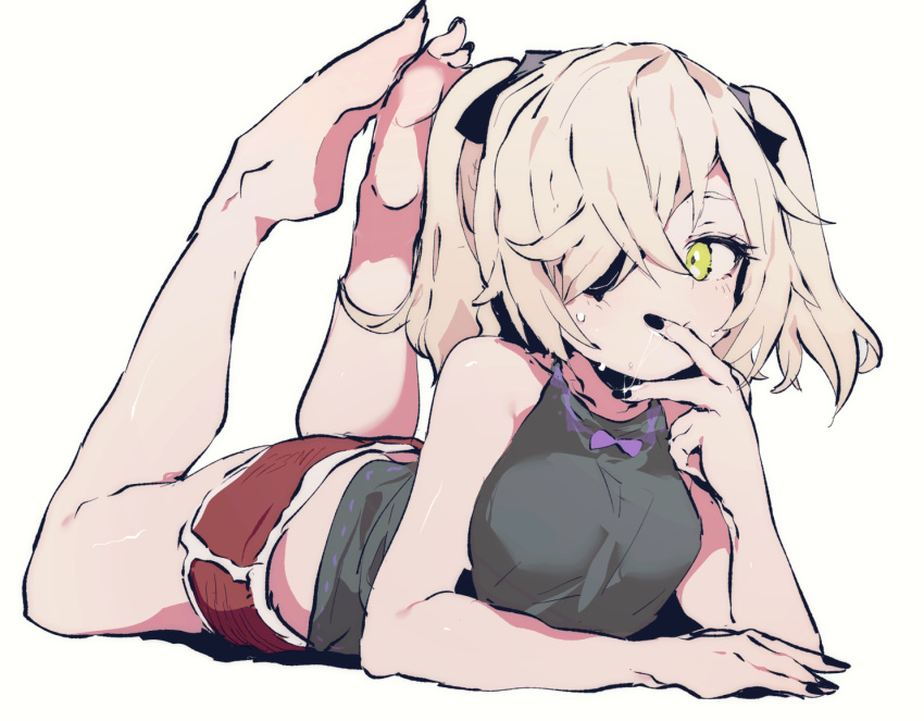 1girl, bare_shoulders, barefoot, blonde_hair, casual, ddari, eyepatch, feet
