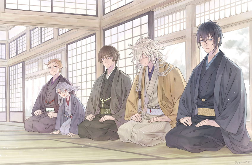 5boys, black_hair, blue_eyes, brown_hair, closed_eyes, eyebrows_visible_through_hair, eyes_visible_through_hair, grey_eyes