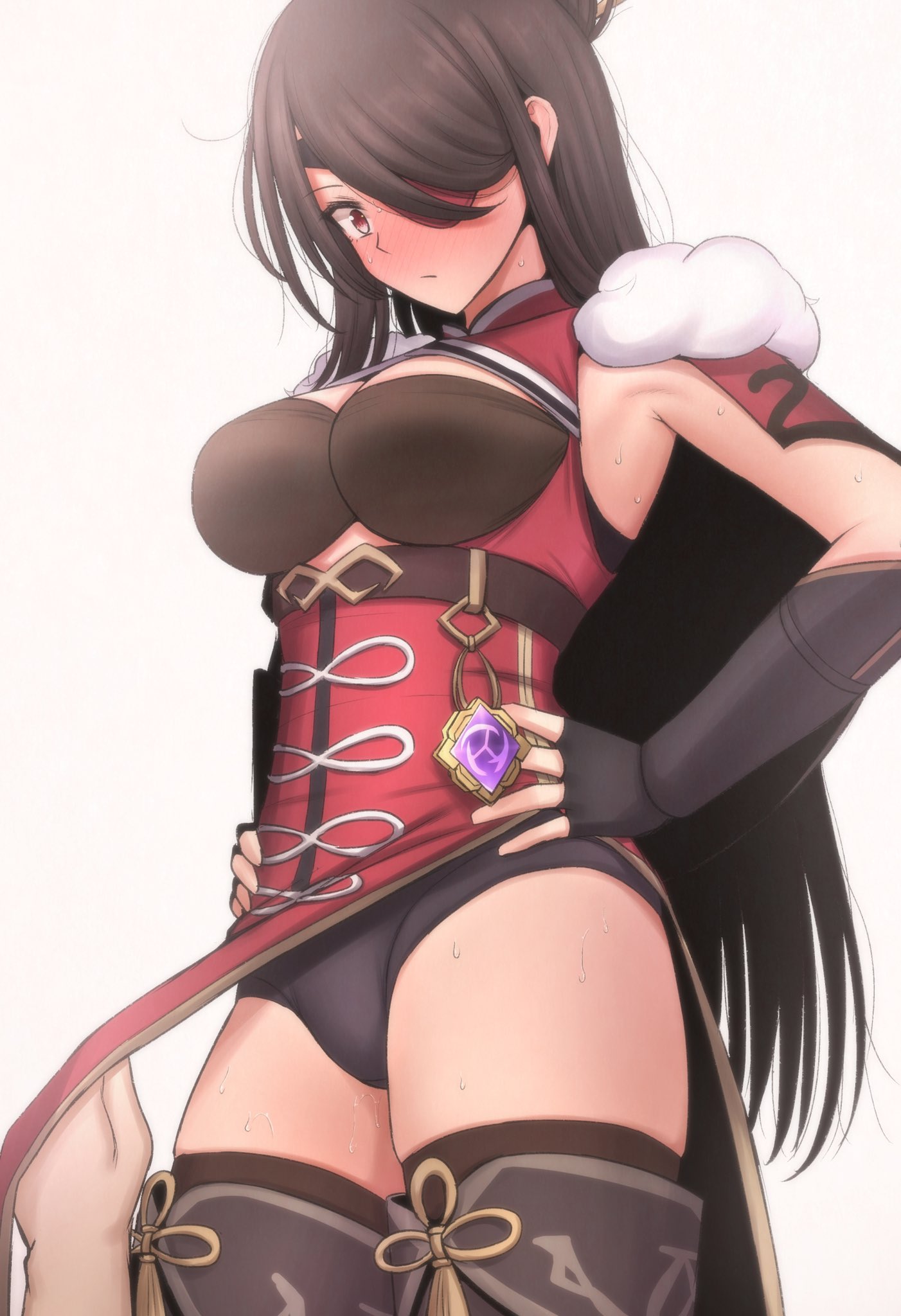 1boy, 1girl, armpits, bangs, beidou_(genshin_impact), black_gloves, black_hair, black_legwear