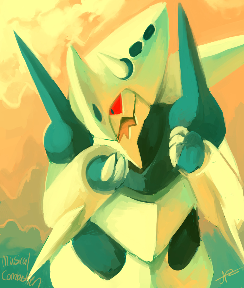 absurdres, aggron, claws, commentary, creature, english_commentary, gen_3_pokemon, highres, mega_aggron, mega_pokemon, musicalcombusken, no_humans, pokemon, pokemon_(creature), red_eyes, signature, solo