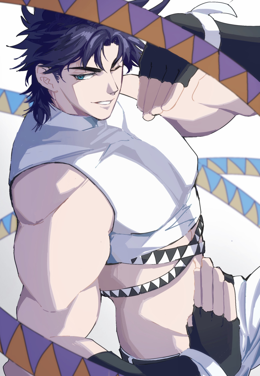 1boy, aqua_eyes, arm_up, asatomjj, bare_shoulders, battle_tendency, belt, black_gloves, blue_hair, commentary_request, crop_top, fingerless_gloves, gloves, highres, jojo_no_kimyou_na_bouken, joseph_joestar_(young), male_focus, midriff, one_eye_closed, pants, pose, shirt, short_hair, sideways_glance, sleeveless, smile, solo, white_pants, white_shirt
