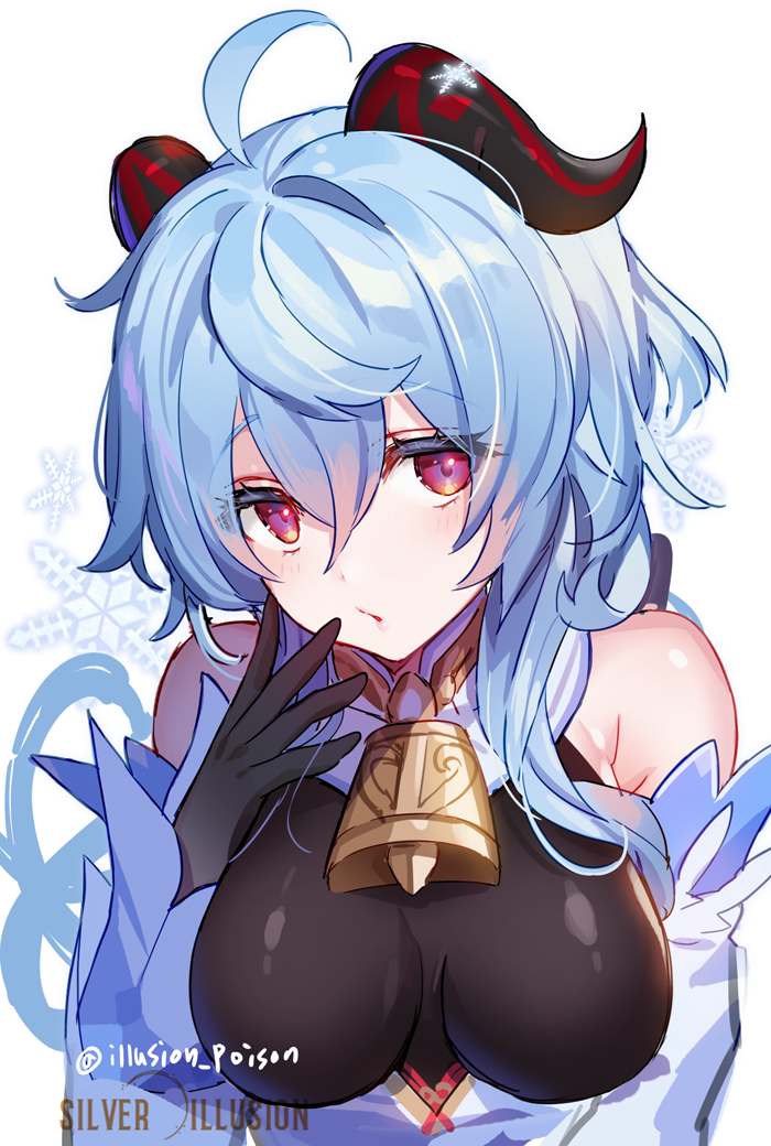 1girl, bell, blush, breasts, cowbell, ganyu_(genshin_impact), genshin_impact, horns