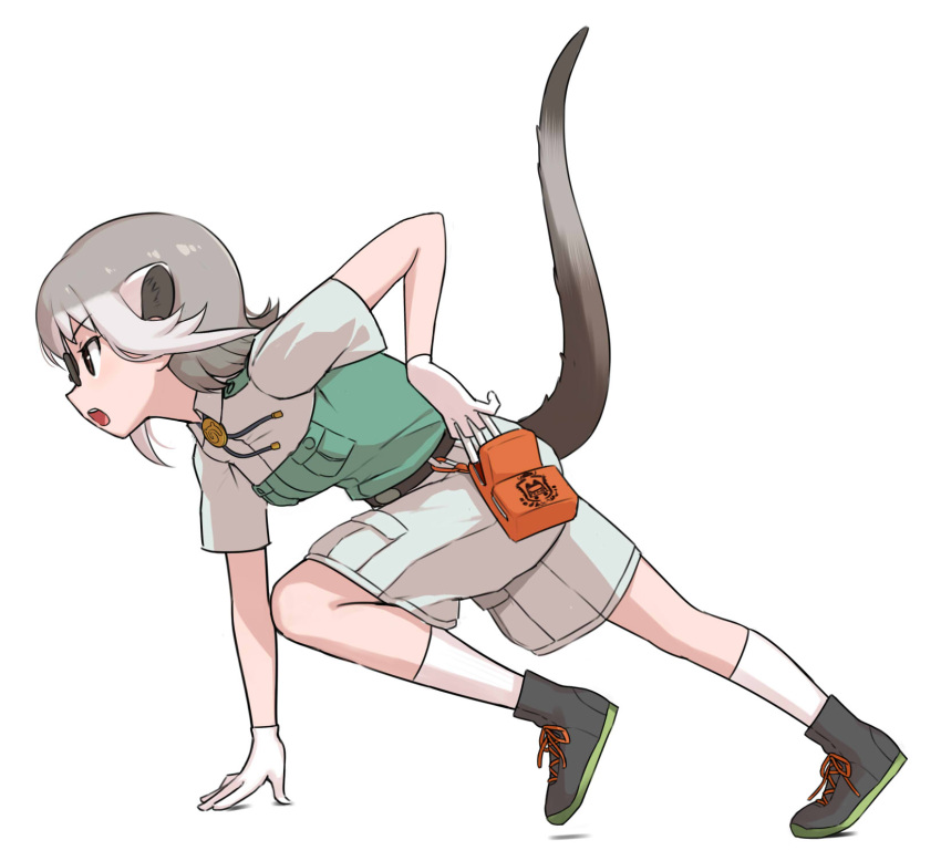 1girl, action, alternate_costume, beige_shirt, beige_shorts, black_footwear, chalk, collared_shirt