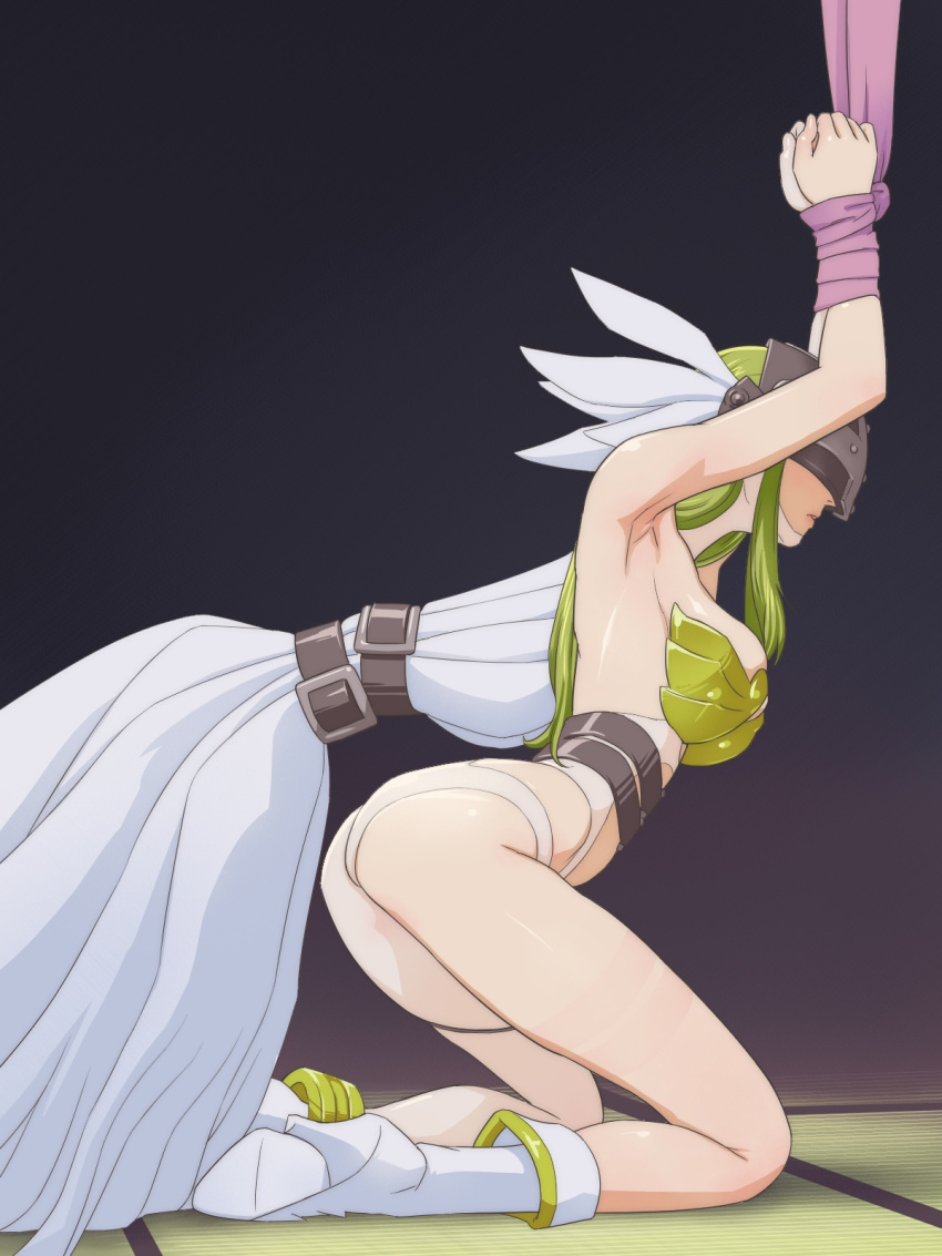 1girl, angel_wings, angewomon, ass, bdsm, blonde_hair, bondage, boots, bound, bound_wings, bound_wrists, breasts, covered_eyes, digimon, hagoromo, helmet, high_heel_boots, high_heels, highres, kneeling, large_breasts, long_hair, muramura_hito, shawl, single_leg_pantyhose, solo, thigh_strap, white_footwear, white_wings, winged_helmet, wings