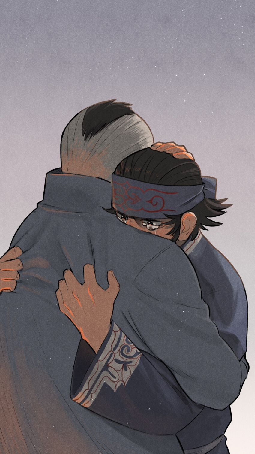 2boys, absurdres, black_hair, blue_headband, brown_eyes, coat, collar, commentary_request, crying, from_behind, golden_kamuy, grey_background, grey_coat, hand_on_another's_head, headband, highres, holding, hug, kadokura_(golden_kamuy), kirawus_(golden_kamuy), long_sleeves, looking_at_viewer, ma_kns, multiple_boys, petting, simple_background, standing, tears, traditional_clothes, upper_body, wide_sleeves