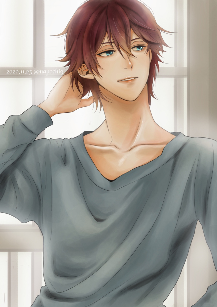 1boy, arm_behind_head, blue_eyes, brown_hair, collarbone, dated, hair_between_eyes, hattori_you