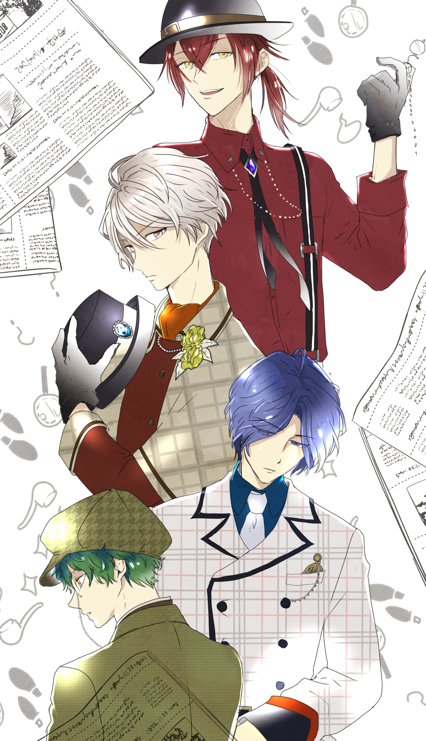 4boys, black_headwear, black_neckwear, blue_hair, brooch, footprints, gloves, green_hair, hat, headwear_removed, highres, hiyama_takaomi, houndstooth, jewelry, kagura_aki, kiiyo, looking_at_viewer, maki_keita, male_focus, medium_hair, monocle, multiple_boys, newspaper, ootani_hitori, orange_neckwear, plaid, pocket_watch, ponytail, red_shirt, redhead, shirt, short_hair, silver_hair, simple_background, stand_my_heroes, unmoving_pattern, watch, white_gloves, yellow_eyes