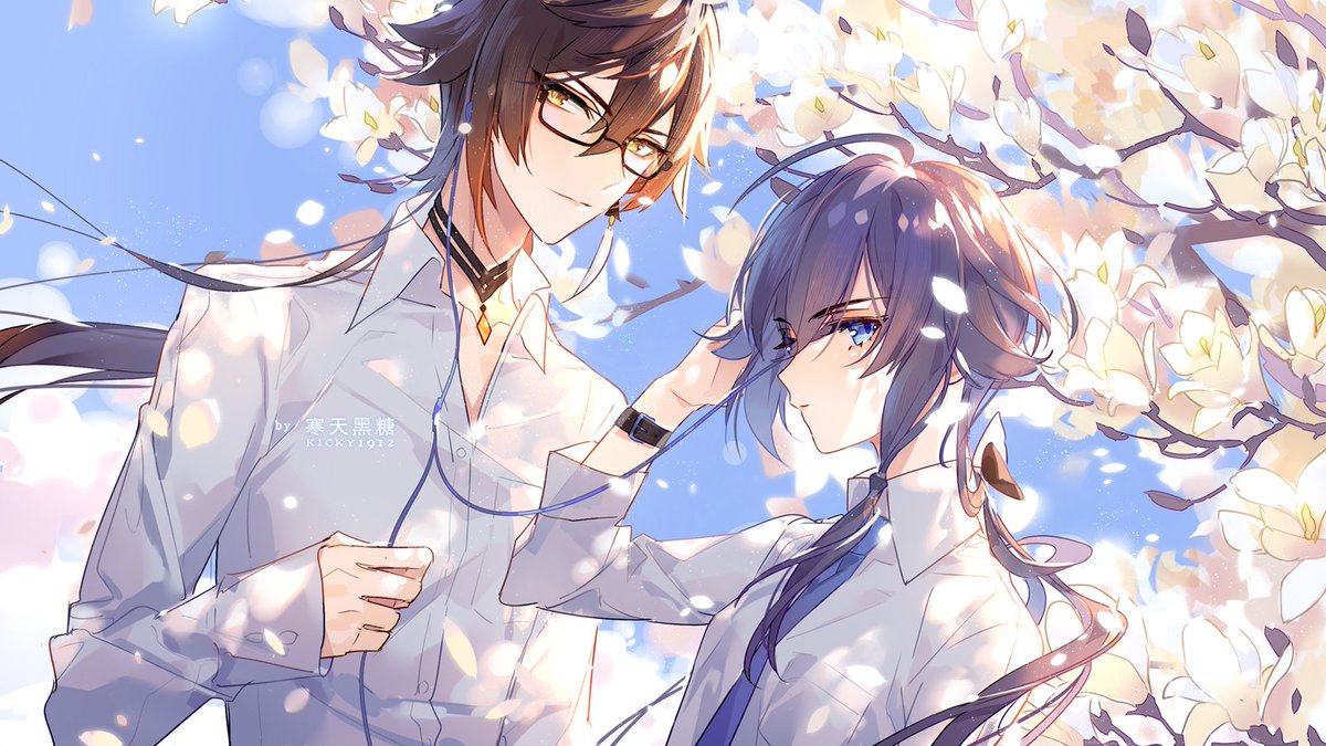 1boy, 1girl, bangs, black_hair, blue_eyes, blue_hair, blurry, blurry_background