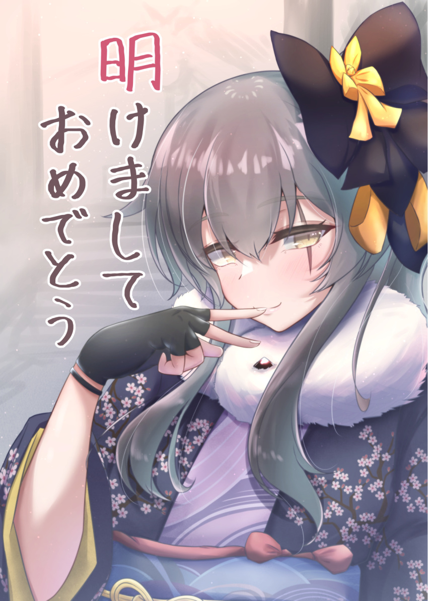 1girl, background_text, bang, bangs, black_bow, black_gloves, blush, bow