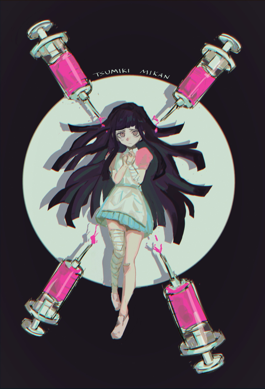 1girl, absurdres, akiko_141, bandaged_arm, bandaged_leg, bandages, bangs, black_background