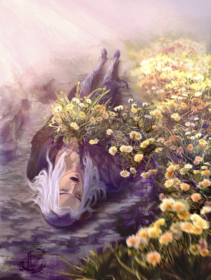 1boy, absurdres, blurry, closed_eyes, closed_mouth, coat, commentary, corpse, death, depth_of_field, english_commentary, flower, full_body, highres, jojo_no_kimyou_na_bouken, leone_abbacchio, light_purple_hair, lipstick, long_hair, long_sleeves, lying, makeup, male_focus, on_back, outdoors, pants, purple_coat, purple_footwear, purple_lipstick, purple_pants, shoes, solo, spoilers, upside-down, vento_aureo, vesta_zc, yellow_flower