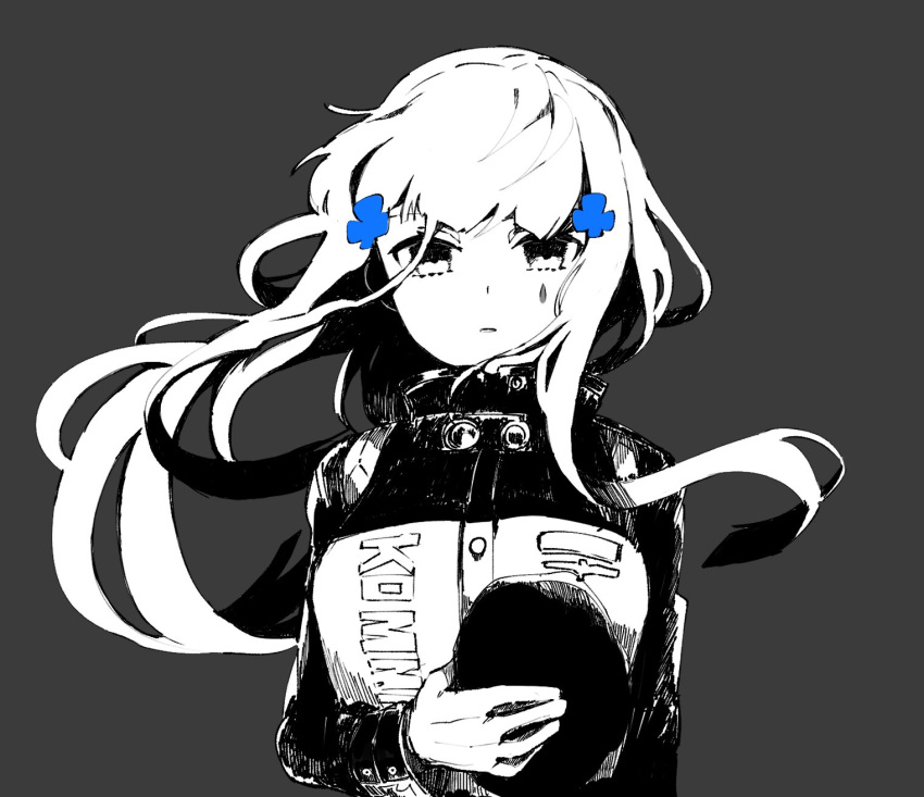 1girl, bangs, beret, blunt_bangs, facial_mark, girls_frontline, gloves, grey_background, hair_ornament, hat, highres, hk416_(girls_frontline), holding, jacket, long_hair, long_sleeves, looking_at_viewer, partially_colored, sena_yuuta, simple_background, solo, teardrop, upper_body