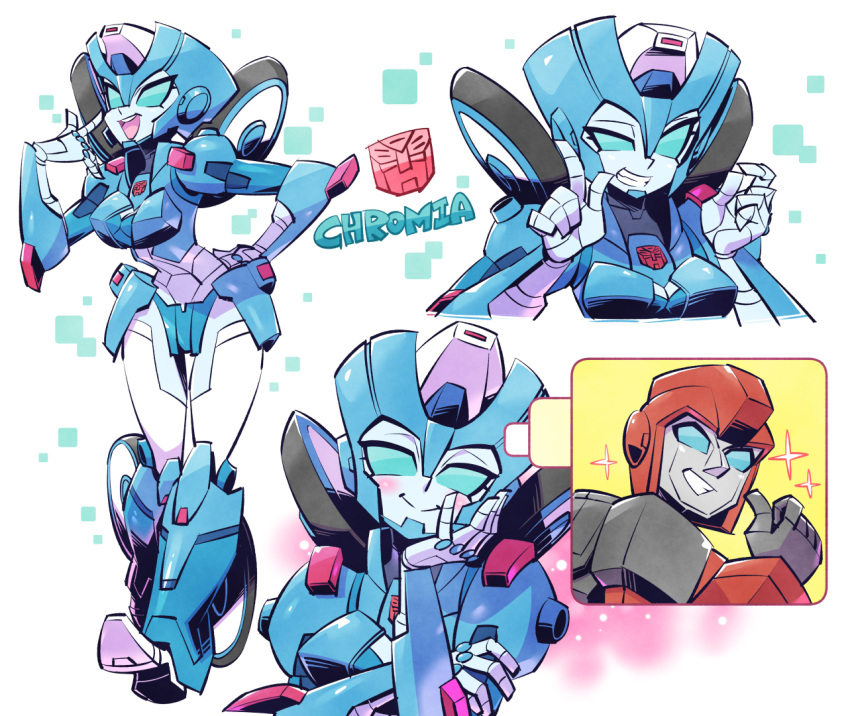 1boy, 1girl, autobot, blue_eyes, blush, character_name, chromia, hand_on_hip