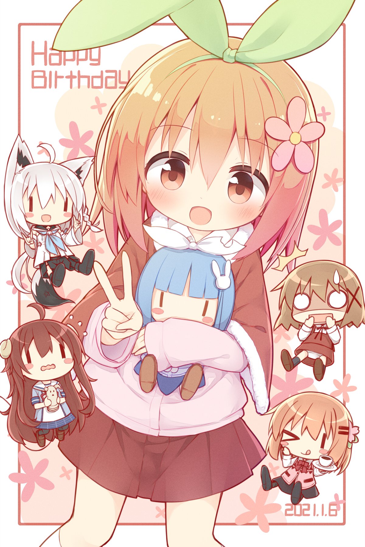 >_o, 5girls, :d, ;q, ^^^, apron, asymmetrical_legwear, ayanepuna