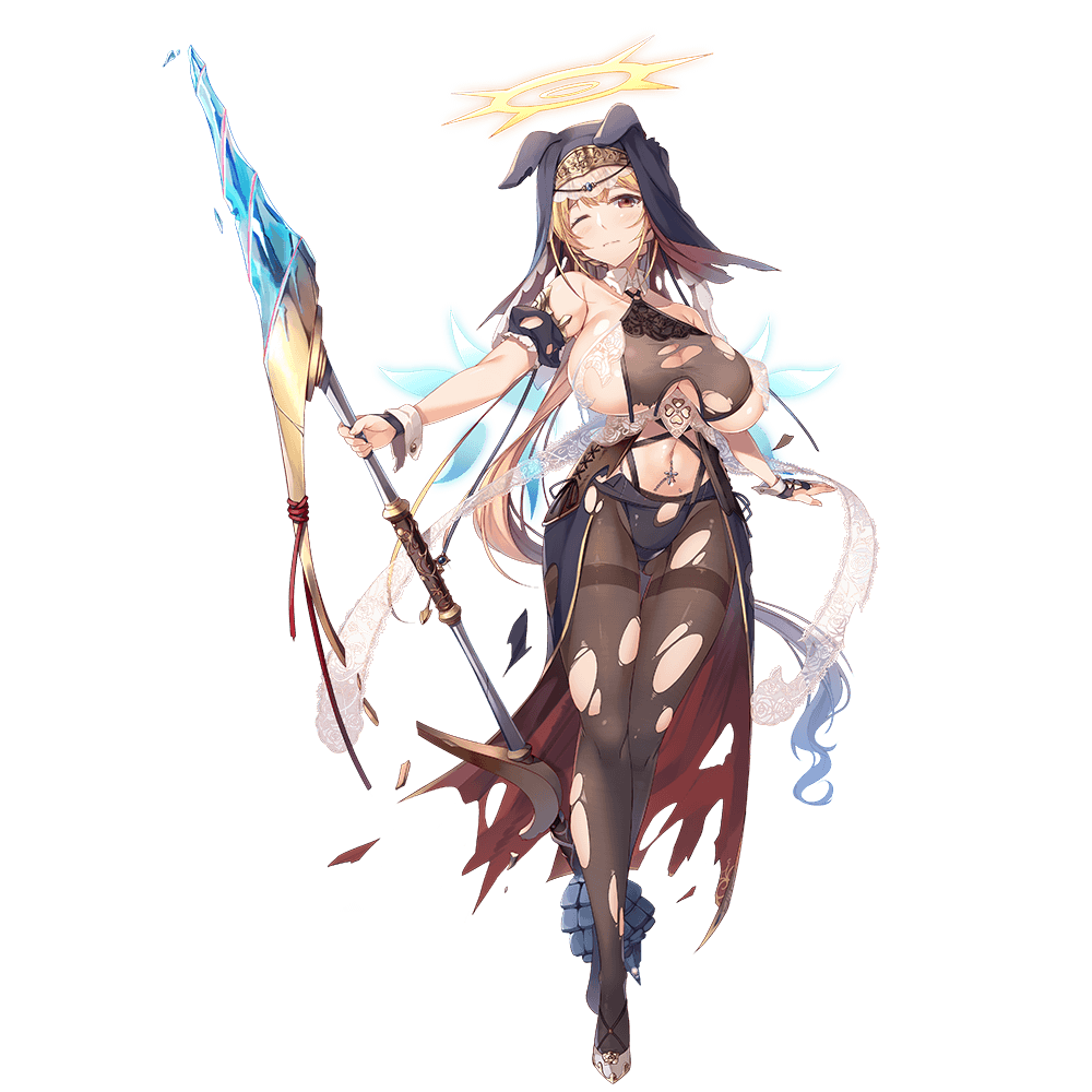 1girl, breasts, dennou_tenshi_jibril, full_body, holding, holding_weapon, huge_breasts, long_hair