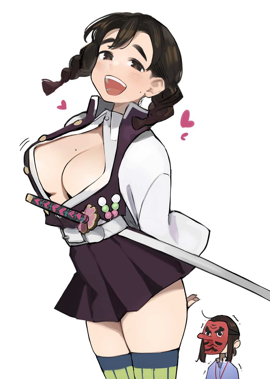 2girls, arms_behind_back, bangs, belt, black_jacket, black_skirt, braid, breasts