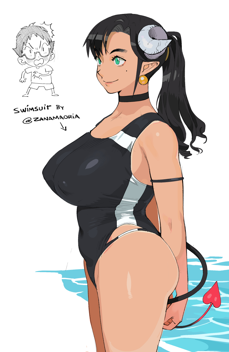1girl, black_choker, black_hair, black_swimsuit, borrowed_design, breasts, choker, commentary, competition_swimsuit, conto, covered_navel, covered_nipples, curled_horns, curvy, demon_girl, demon_tail, dera_(conto), earrings, english_commentary, highres, horns, huge_breasts, jewelry, keita_(conto), long_hair, mole, mole_under_eye, one-piece_swimsuit, original, pointy_ears, sheep_horns, standing, succubus, swimsuit, tail, water