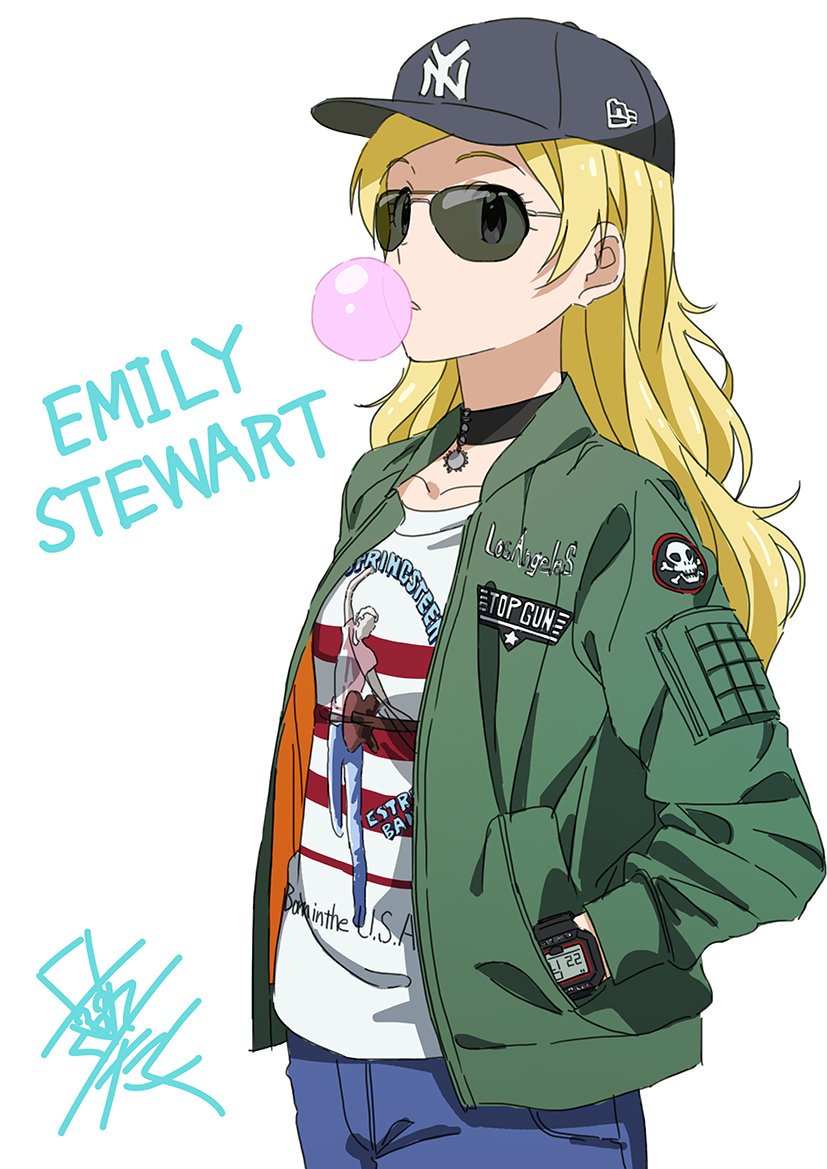 baseball_cap, bin1production, blonde_hair, bruce_springsteen, chewing_gum, choker, denim, emily_stewart