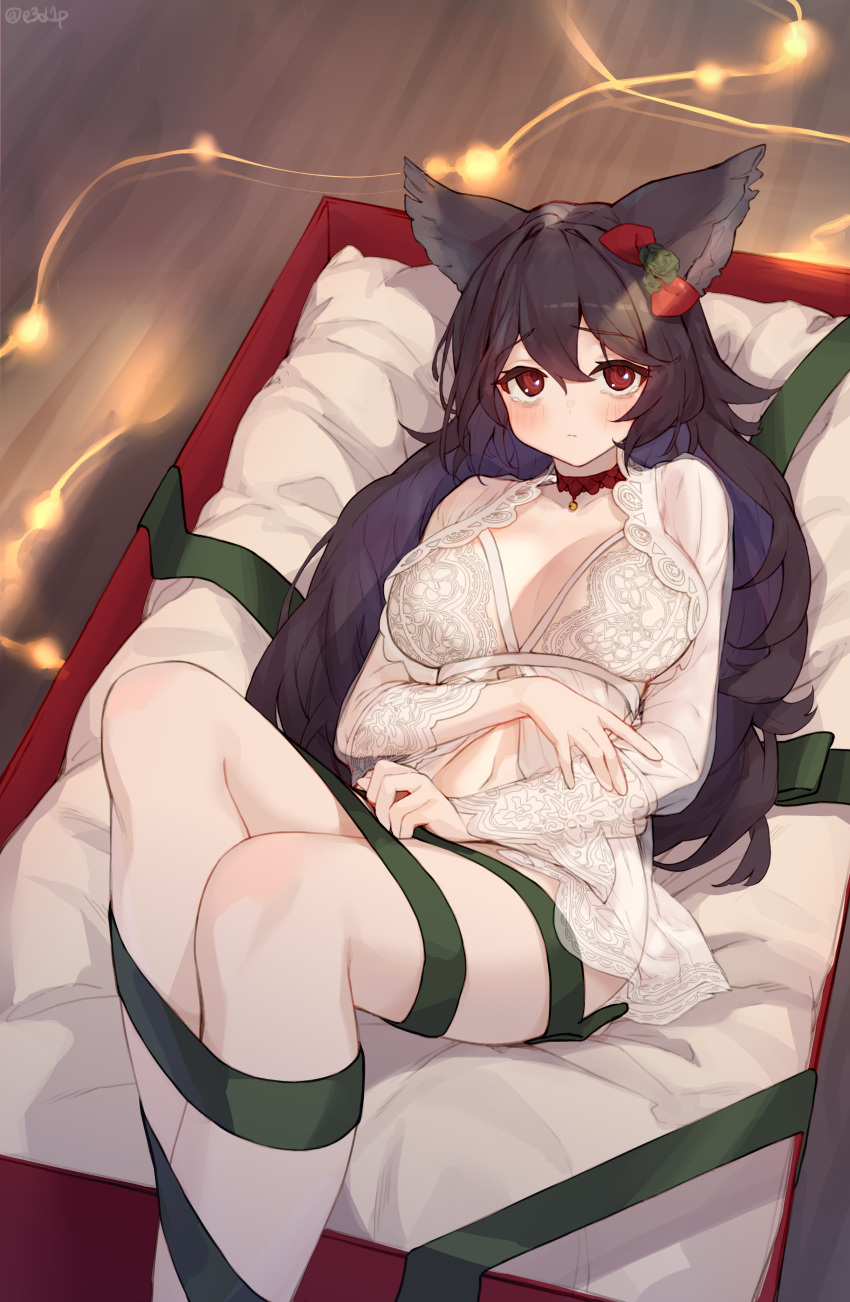 1girl, absurdres, animal_ears, bare_legs, black_hair, blush, breasts, breasts_apart