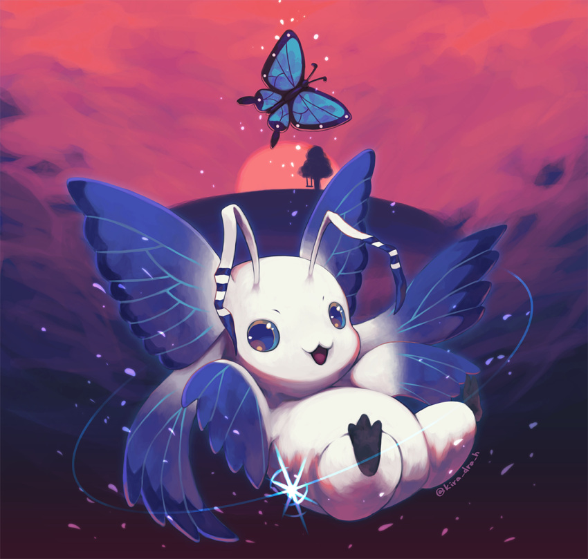 :3, :d, animal, blue_eyes, bug, butterfly, clouds, commentary_request