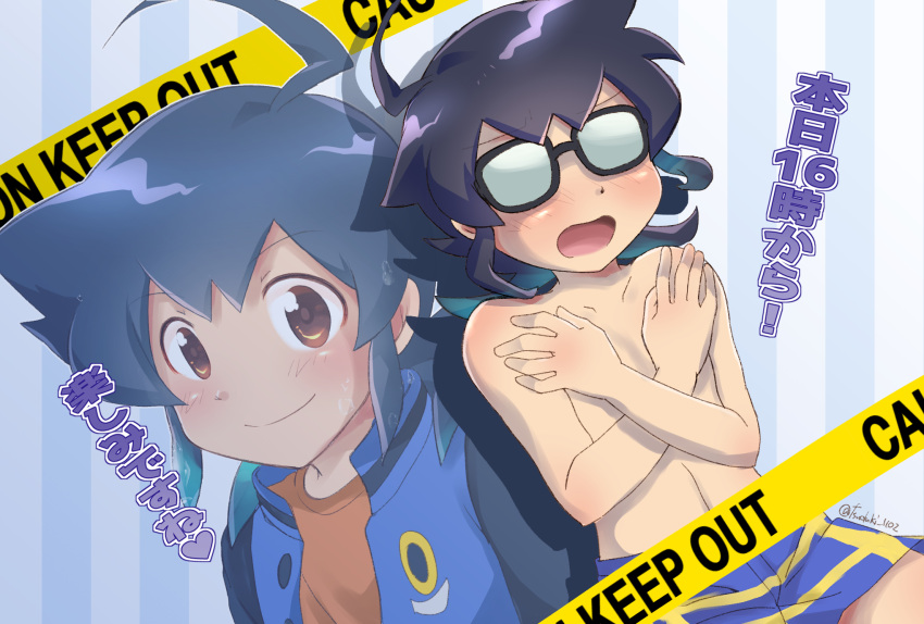 ahoge, blue_hair, boxers, brown_eyes, cokotaroh1102, covering, covering_chest, danball_senki_w