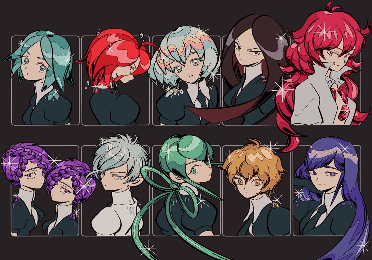 6+others, =, amethyst_(houseki_no_kuni), androgynous, antarcticite, aqua_eyes, aqua_hair, black_background
