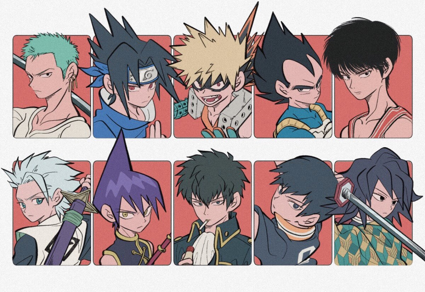 6+boys, aqua_hair, bakugou_katsuki, bangs, black_eyes, black_hair, black_shirt, bleach