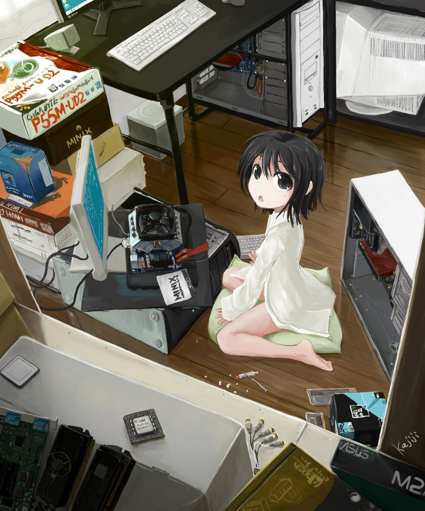 1girl, artist_name, asus, bangs, black_eyes, black_hair, box, cable