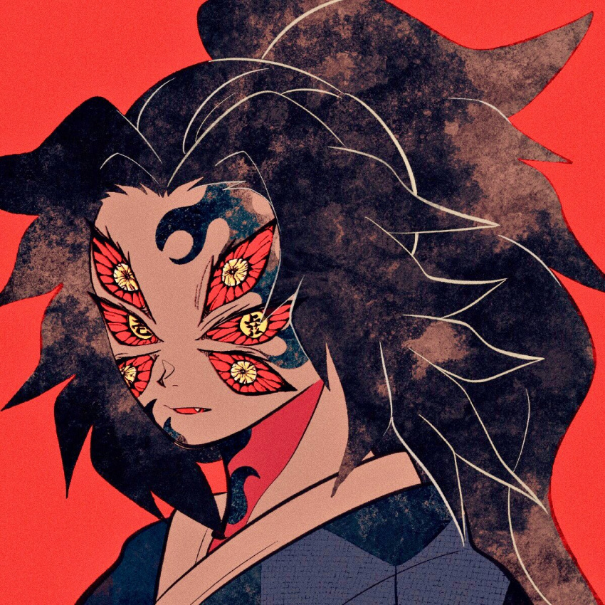 1boy, black_hair, colored_sclera, extra_eyes, facial_mark, fang, highres, kimetsu_no_yaiba