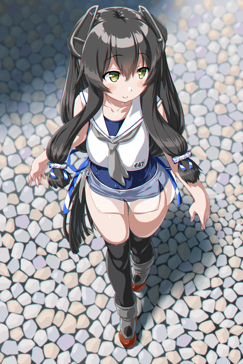 1girl, black_hair, black_legwear, blush, closed_mouth, crop_top, dd_(ijigendd), eyebrows_visible_through_hair, from_above, full_body, green_eyes, grey_neckwear, hair_ribbon, headgear, highres, i-47_(kantai_collection), kantai_collection, long_hair, low-tied_long_hair, neckerchief, ribbon, sailor_collar, sailor_shirt, school_swimsuit, see-through_skirt, shirt, sidelocks, skirt, sleeveless, sleeveless_shirt, smile, solo, standing, swimsuit, thigh-highs, tress_ribbon, white_sailor_collar