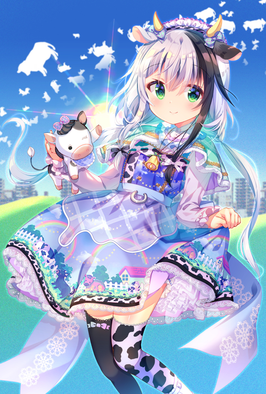 1girl, 2021, amo_(shibu3), animal, animal_ears, animal_print, bangs, black_hair, black_legwear, bloomers, blue_dress, blue_sky, boots, capelet, chinese_zodiac, closed_mouth, commentary_request, cow, cow_ears, cow_girl, cow_horns, cow_print, day, dress, eyebrows_visible_through_hair, feet_out_of_frame, fur-trimmed_capelet, fur_trim, green_capelet, green_eyes, hair_between_eyes, highres, horns, long_hair, long_sleeves, looking_at_viewer, low_twintails, mismatched_legwear, multicolored_hair, original, outdoors, plaid, plaid_capelet, print_dress, shirt, silver_hair, sky, sleeveless, sleeveless_dress, smile, solo, star_(symbol), star_in_eye, symbol_in_eye, thigh-highs, twintails, two-tone_hair, underwear, very_long_hair, white_bloomers, white_footwear, white_legwear, white_shirt, year_of_the_ox