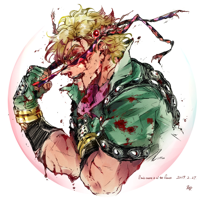 1boy, battle_tendency, bleeding, blonde_hair, blood, blood_from_mouth, blood_on_face, bloody_clothes