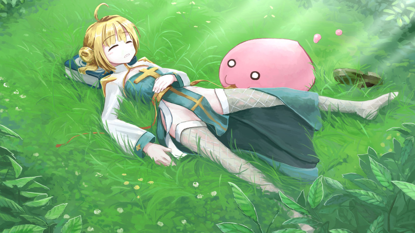 1girl, :3, ahoge, archbishop_(ragnarok_online), bangs, blonde_hair, blue_dress, blush