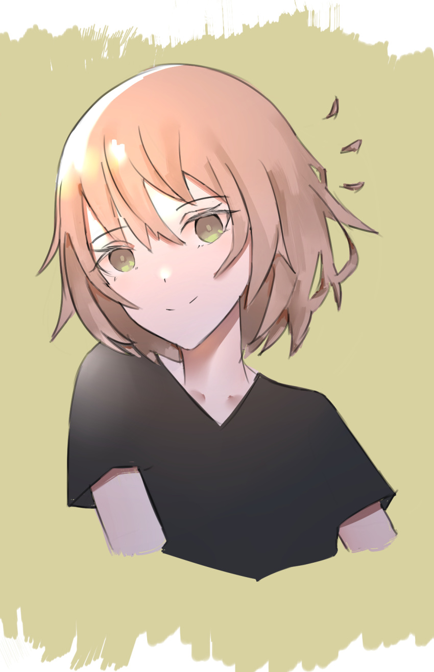 1girl, bangs, black_shirt, closed_mouth, eyebrows_visible_through_hair, highres, kyncen, looking_at_viewer, original, shirt, simple_background, smile, solo, yellow_background