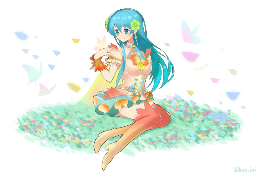 1girl, aqua_eyes, aqua_hair, bangs, boots, bracelet, breasts, bug, butterfly, dress, earrings, eirika_(fire_emblem), field, fire_emblem, fire_emblem:_the_sacred_stones, fire_emblem_heroes, flower, flower_earrings, flower_field, full_body, hair_between_eyes, hair_flower, hair_ornament, highres, insect, jewelry, kawazu_(pixiv22469761), long_hair, medium_breasts, simple_background, sitting, skirt, smile, solo, thigh-highs, thigh_boots, wrist_cuffs, zettai_ryouiki