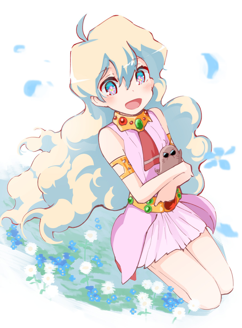 +_+, 1girl, amagama_(he_fu), armband, bangs, bare_shoulders, belt, blonde_hair, blue_eyes, blush, boota_(ttgl), cloud_hair, dress, field, flower, flower_field, gem, hair_between_eyes, highres, jewelry, kneeling, multicolored_hair, necklace, nia_teppelin, open_mouth, pink_dress, seiza, sitting, sleeveless, smile, tengen_toppa_gurren_lagann, two-tone_hair