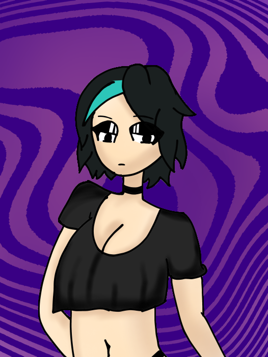 1girl, aqua_hair, belly, belly_button, black_choker, black_eyes, black_hair, black_panties, black_shirt, black_thong, black_underwear, blue_hair, breasts, choker, crop_top, disappointed, dyed_hair, emotionless, eyebrows_visible_through_hair, hair, looking_down, loose_clothes, loose_shirt, oc, original, original_character, pink_background, purple_background, shiny_eyes, short_hair, simple_background, simple_shading, slim, thin_waist, thyliq