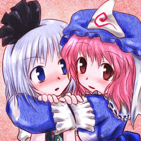 hat, hug, konpaku_youmu, lowres, myau, saigyouji_yuyuko, touhou