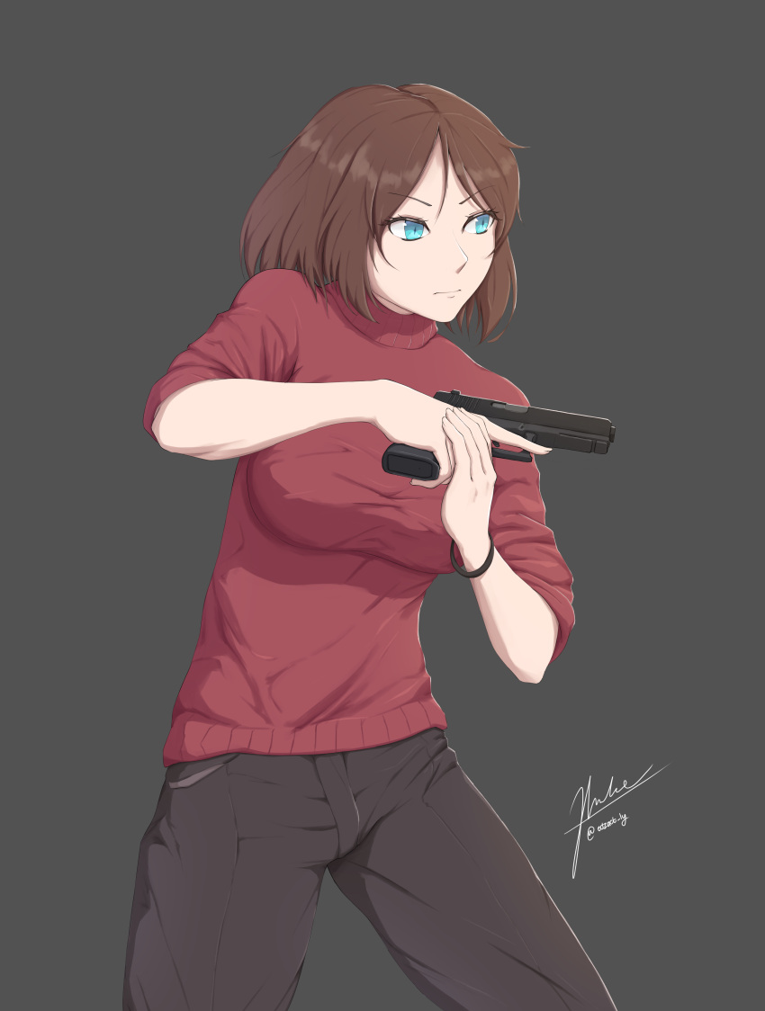 1girl, absurdres, blue_eyes, brown_hair, edzactly, gun, highres, holding